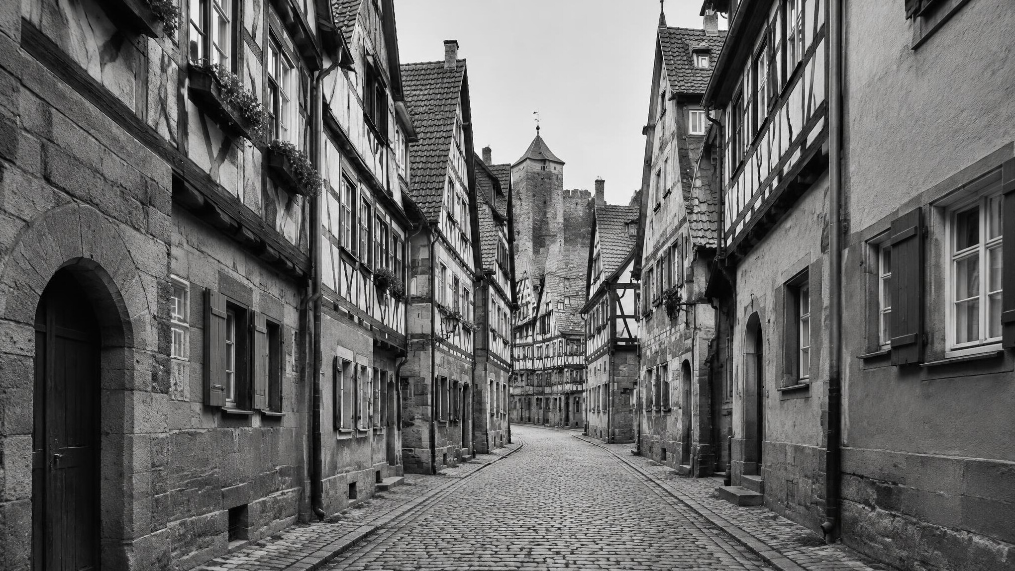 Narrow old town lane in Nuremberg with tall houses in black and white