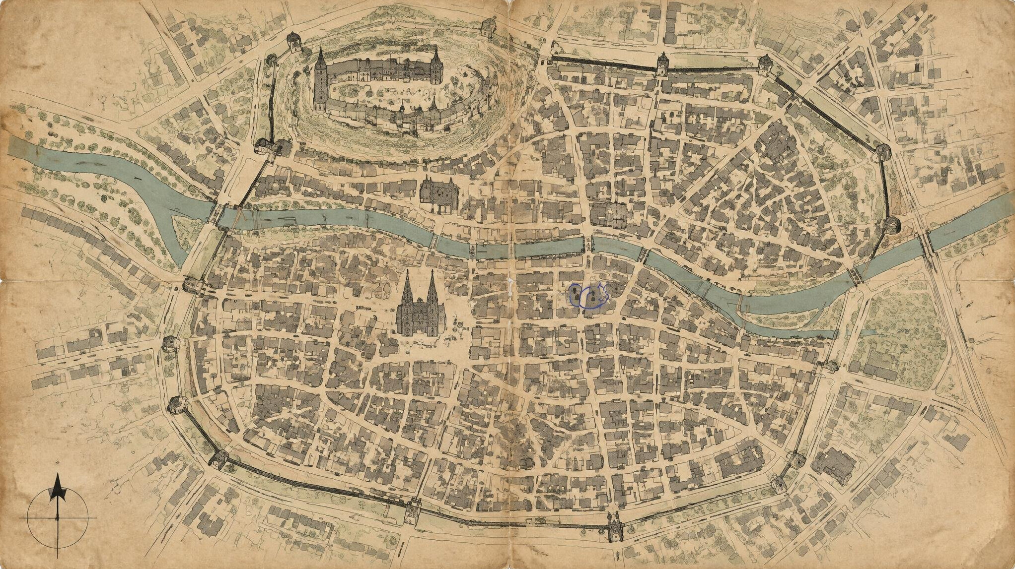 Historic map of the Nuremberg old town with a marked house