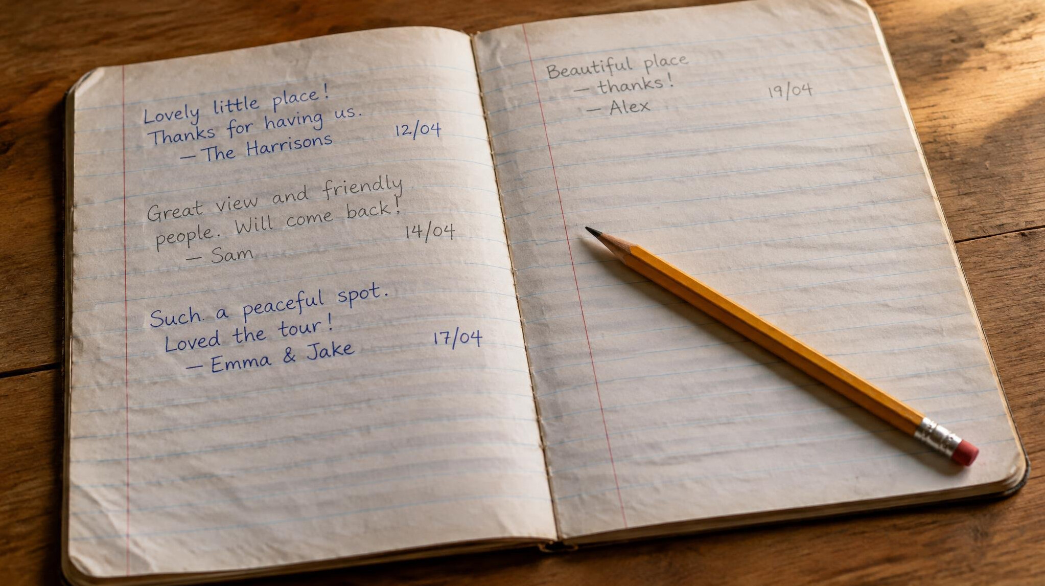 Open school notebook with handwritten visitor entries and a pencil
