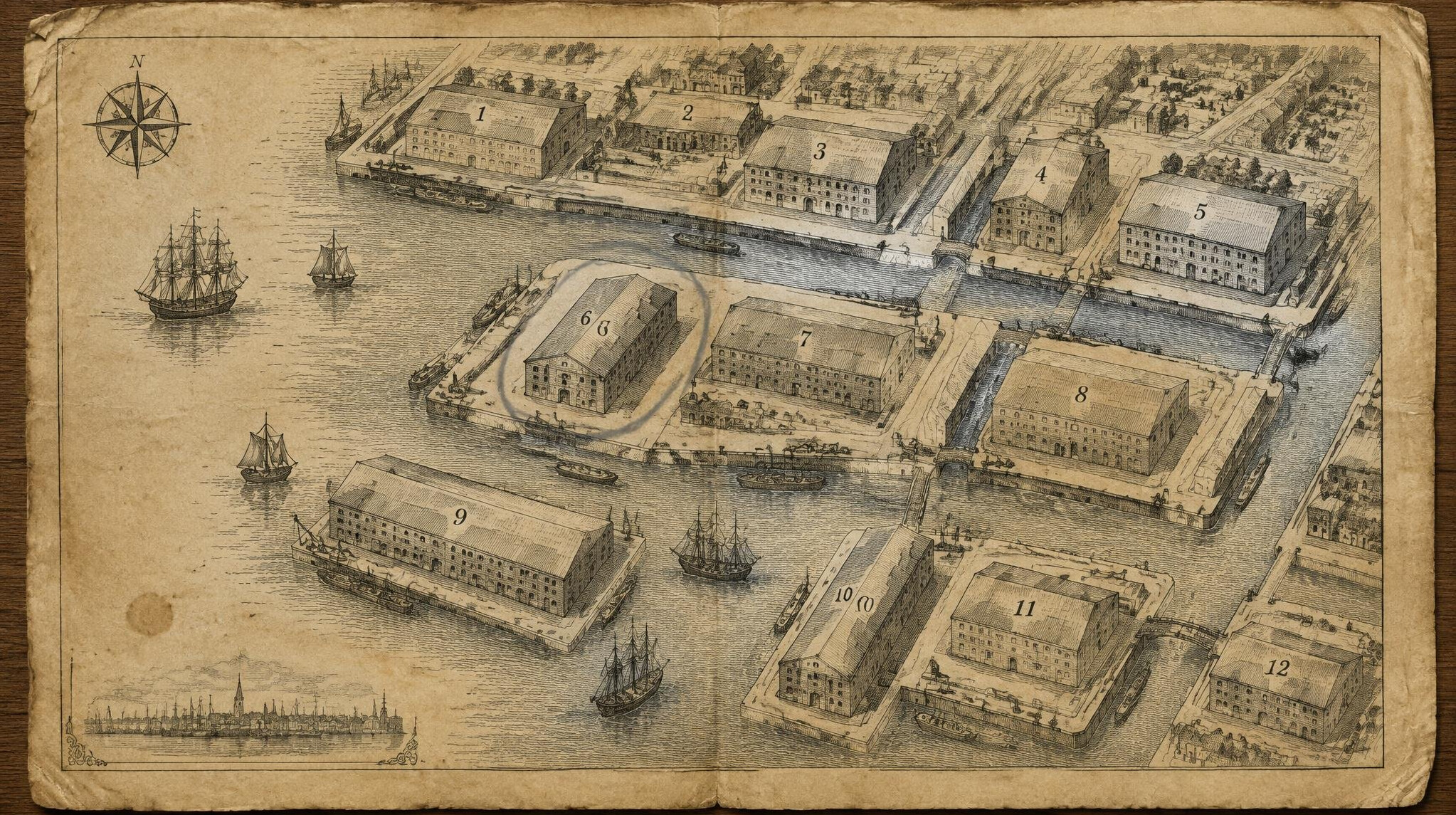 Historic map of a harbour warehouse district with canals